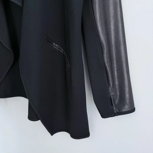 SPANX Faux Leather Sleeve Drape Front Jacket Black L Ponte Moto Blazer 50176R - Picture 11 of 16